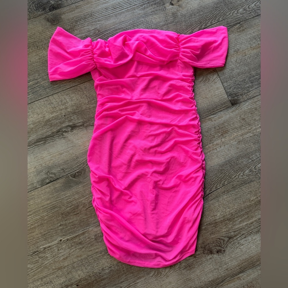 Strapless Off-Shoulder Ruched Bodycon Dress - Hot Pink